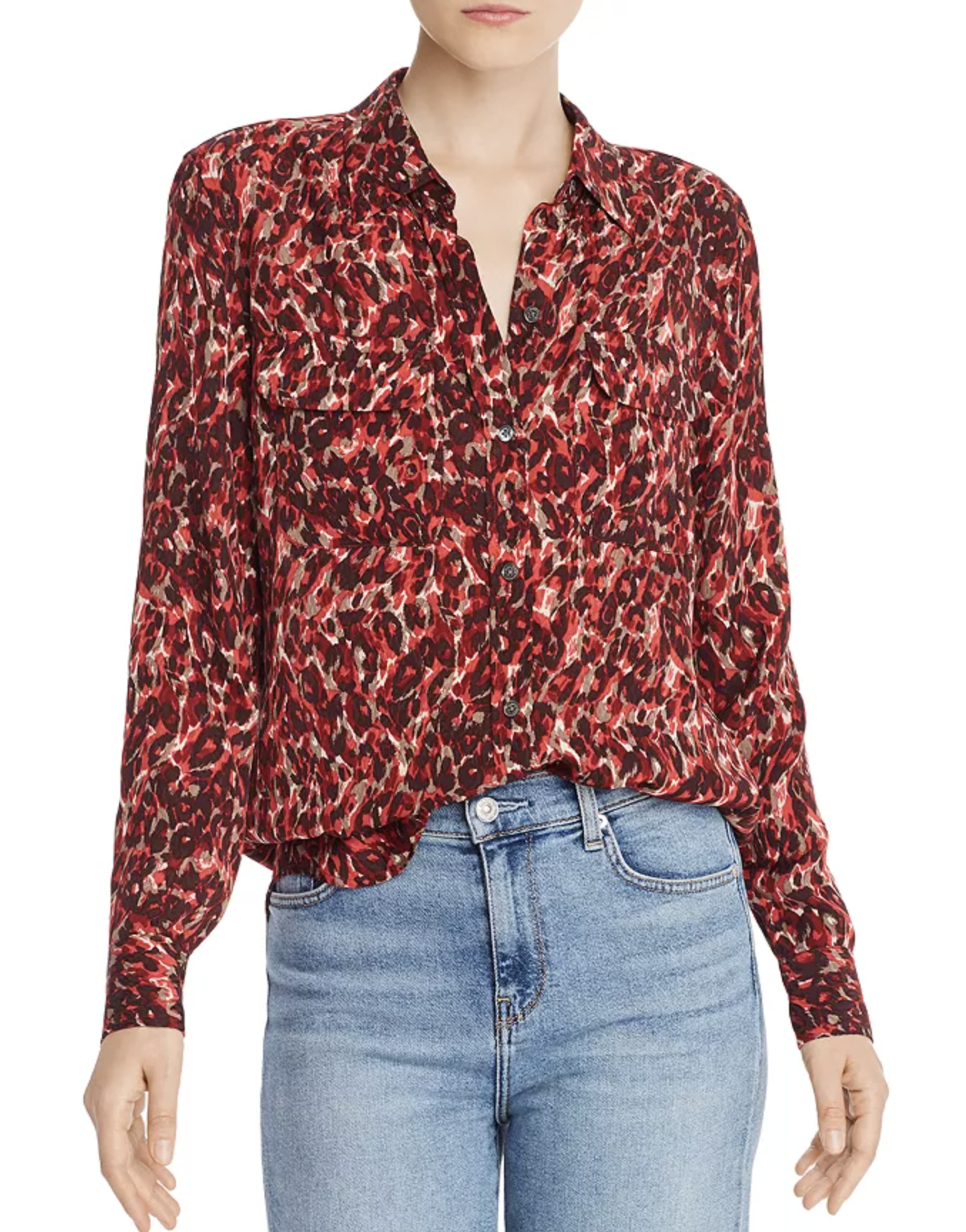 Equipment Red Leopard Print Slim Signature Blouse Button Front Shirt Size M Long Sleeve