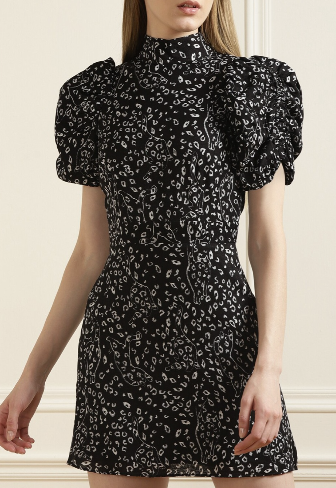 Ted Baker Raayy Black White Leopard Cat Print Puff Sleeve Mini Dress Size 5