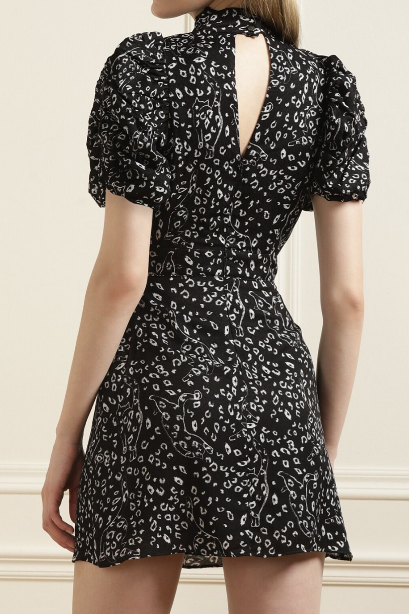 Ted Baker Raayy Black White Leopard Cat Print Puff Sleeve Mini Dress Size 5