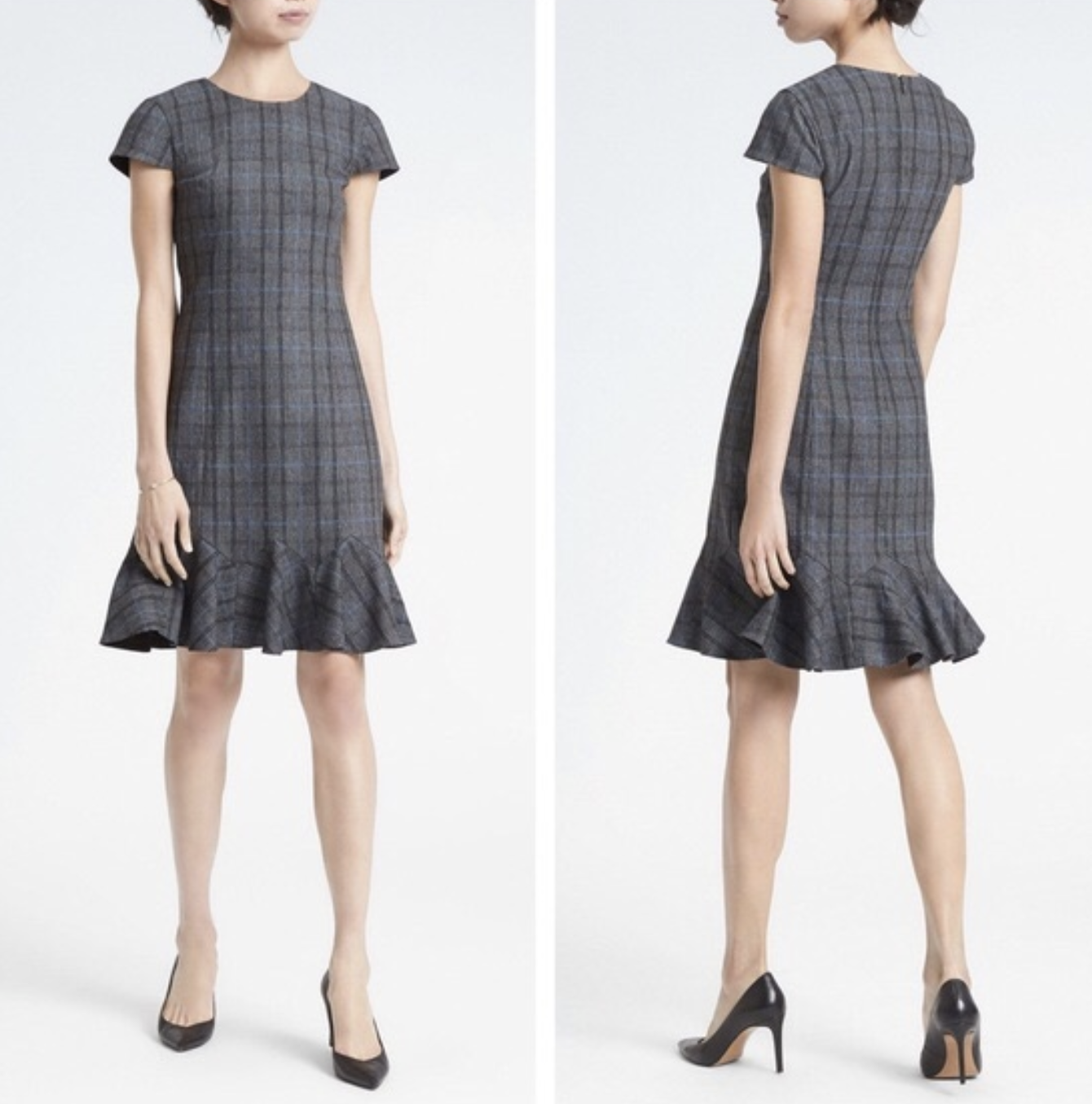 Banana Republic Gray Black Blue Plaid Godet Flounce Hem Sheath Dress Size 8 Wool