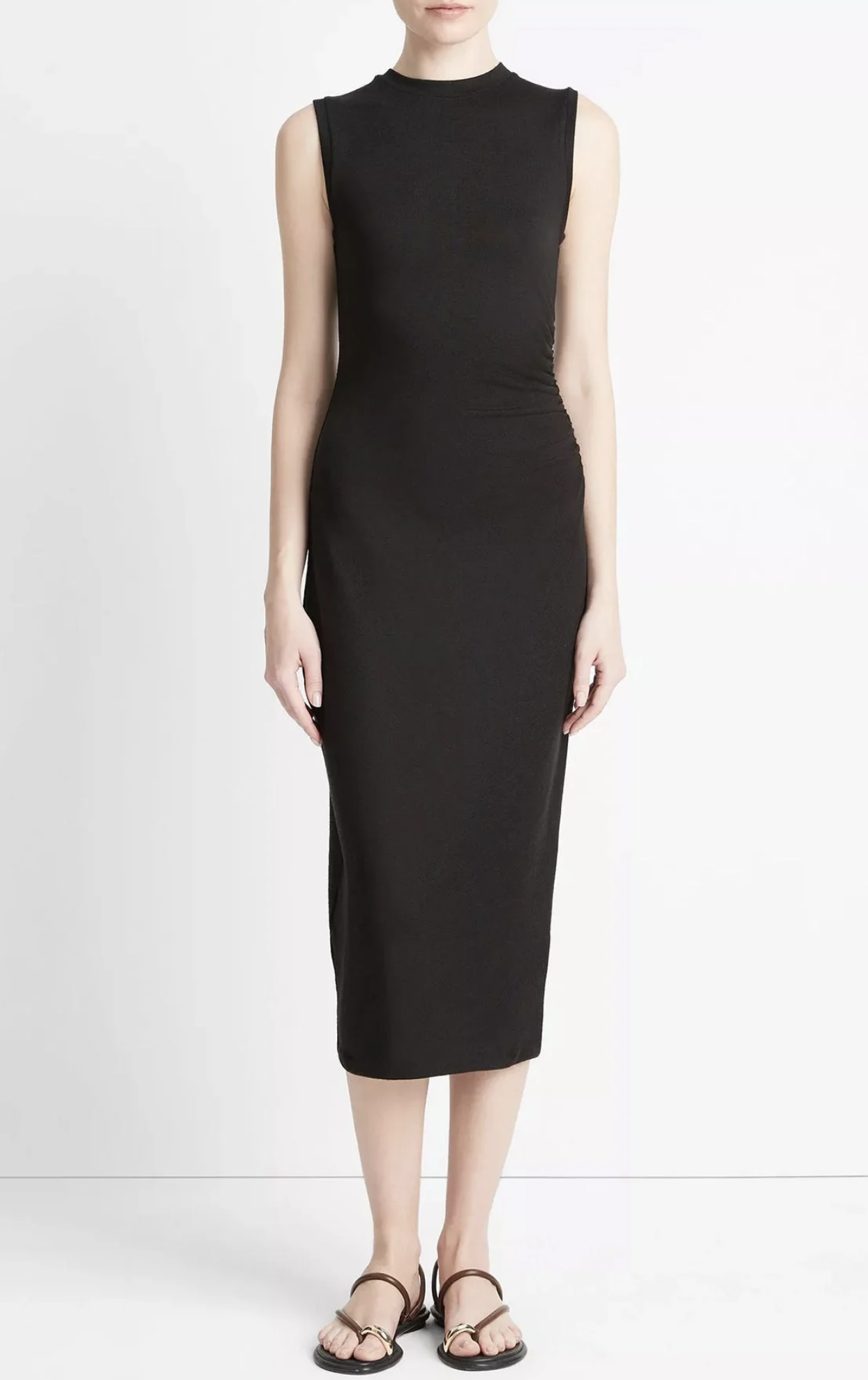 VINCE Womens Solid Black Gathered Ruched Waist Sleeveless Midi Dress Size XL