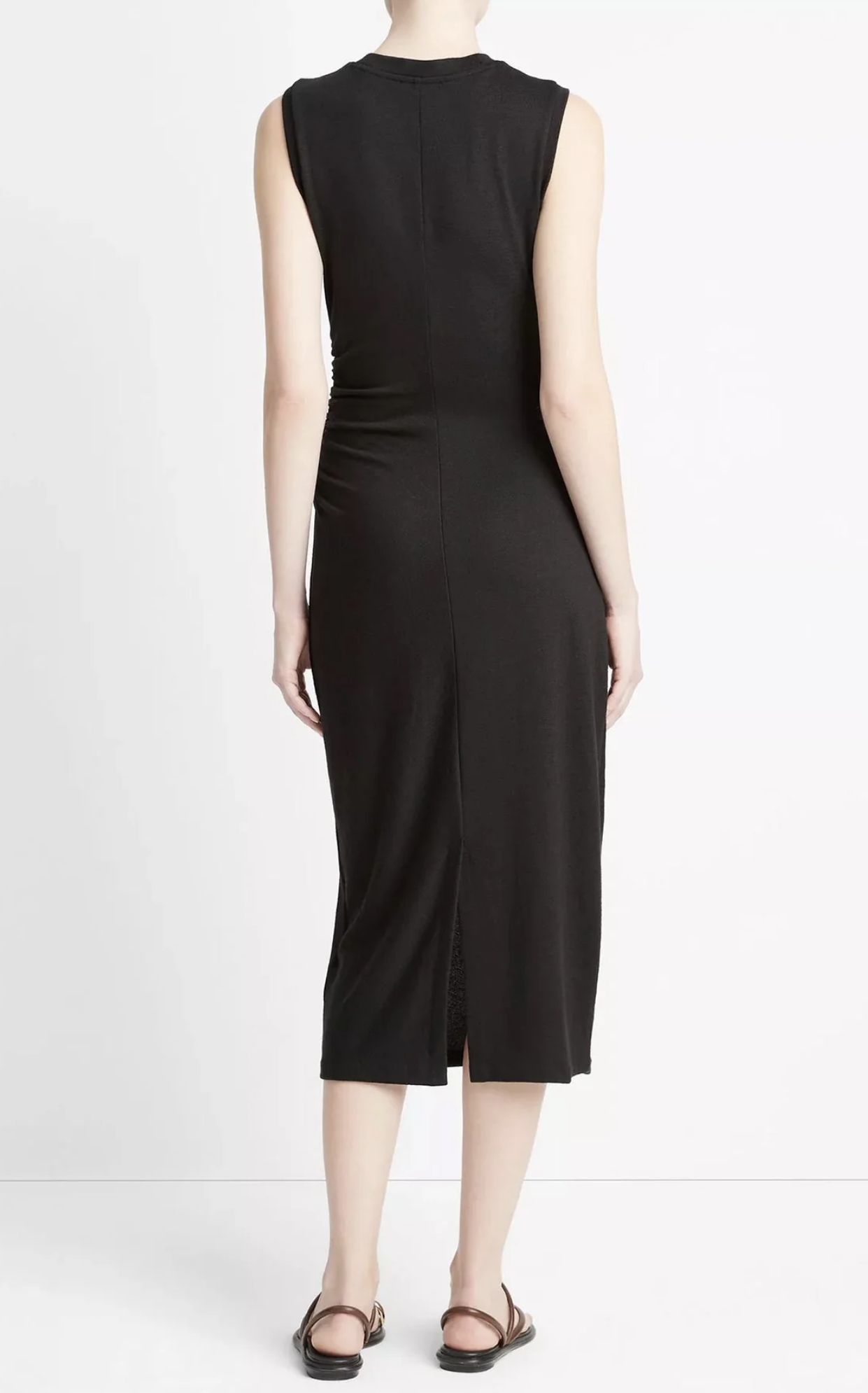 VINCE Womens Solid Black Gathered Ruched Waist Sleeveless Midi Dress Size XL