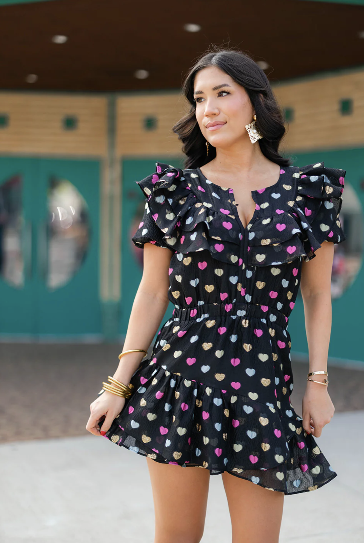 Buddy Love Norma Black Novelty Heart Print Ruffle Dress Size M Gold Pink Unique