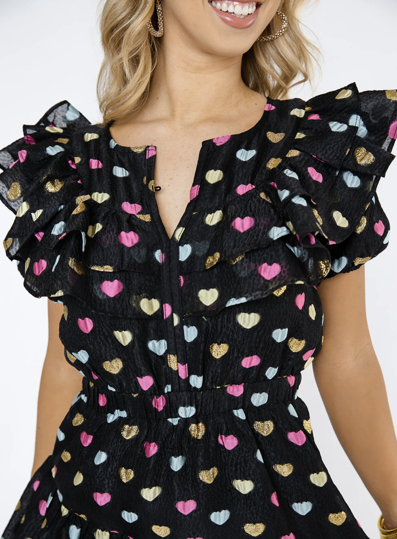 Buddy Love Norma Black Novelty Heart Print Ruffle Dress Size M Gold Pink Unique