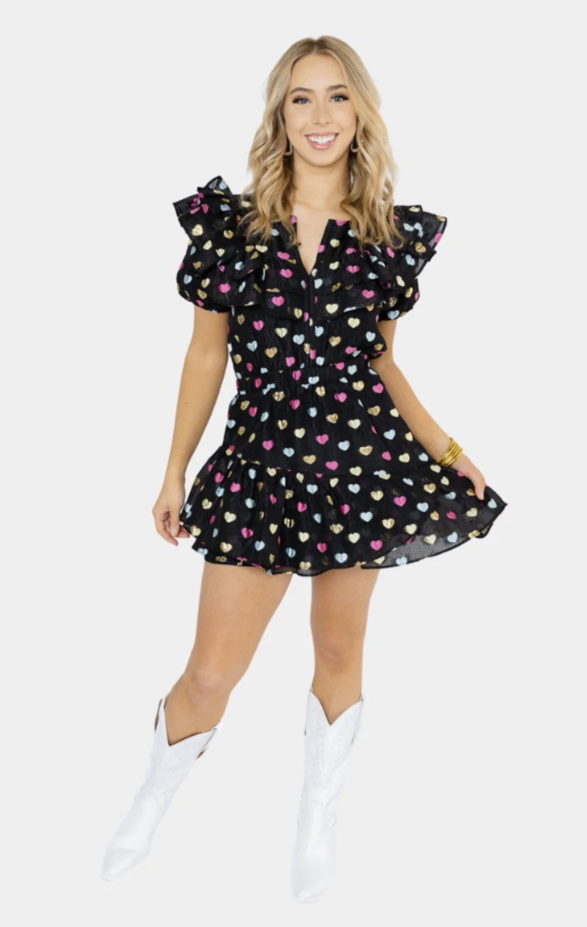 Buddy Love Norma Black Novelty Heart Print Ruffle Dress Size M Gold Pink Unique