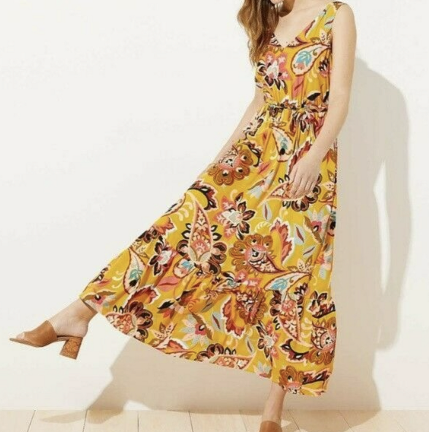 Ann Taylor Loft Plus Saffron Yellow Paisley Floral Tie Waist Maxi Dress Size 20