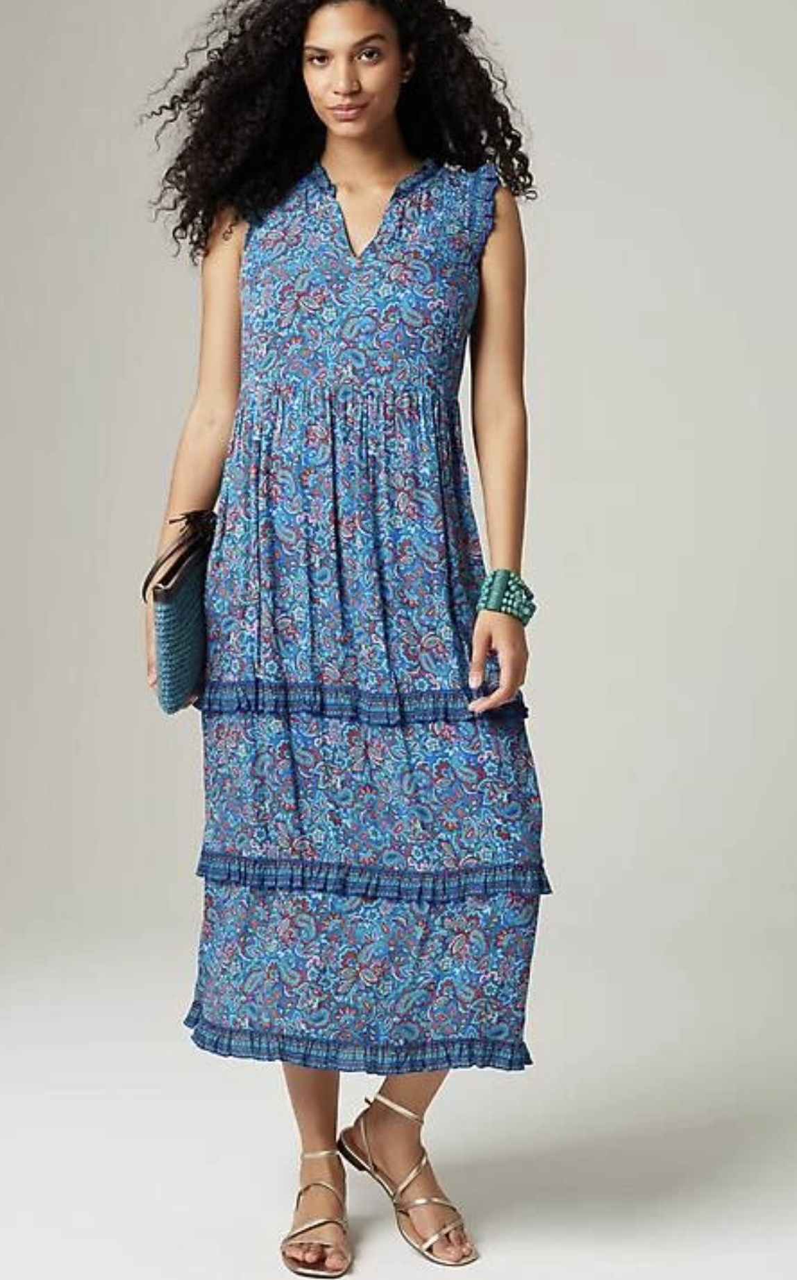 J Jill Coastal Ruffles Blue Paisley Print Tiered Midi Maxi Dress Size PS SP Red