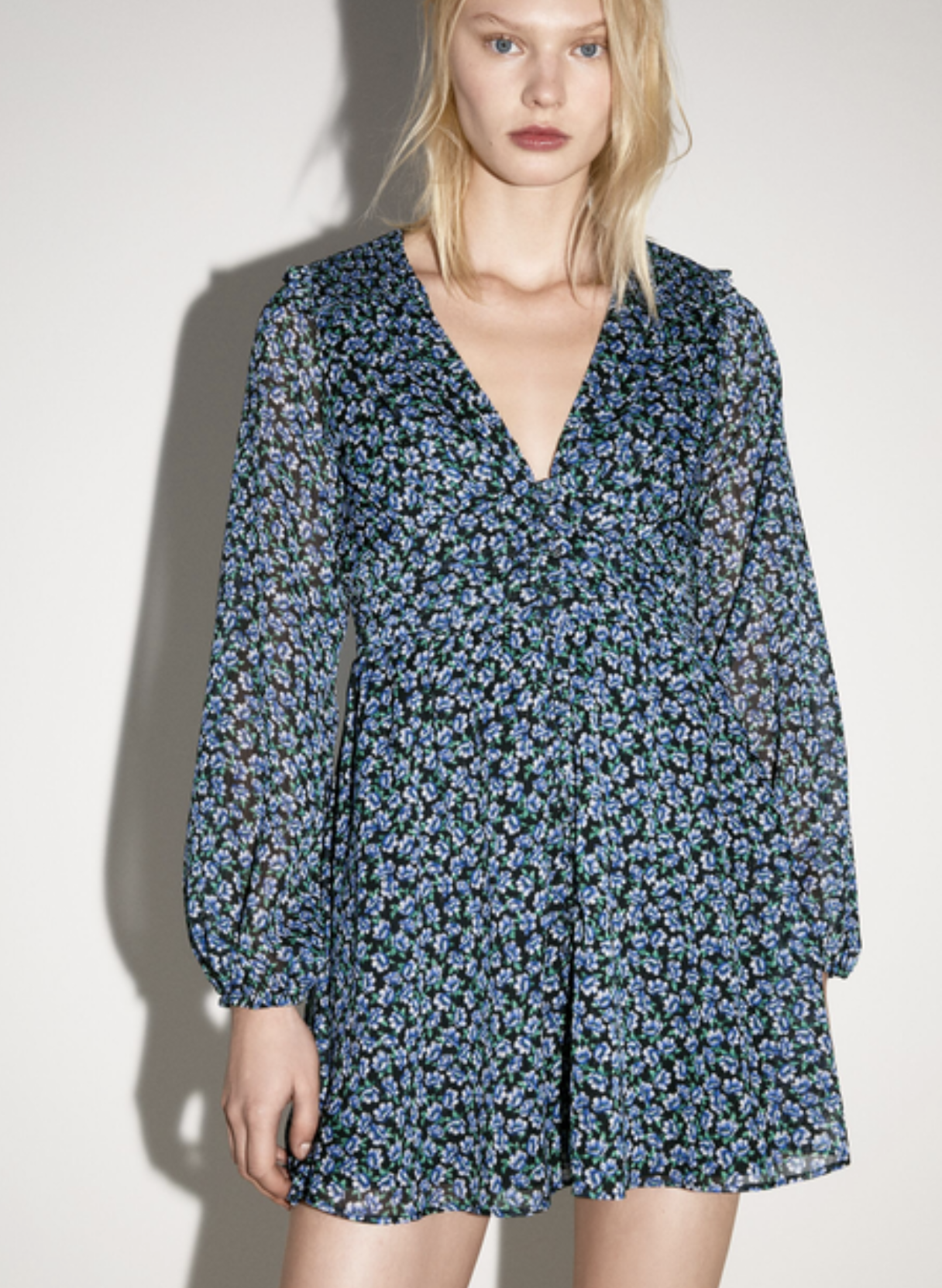 Zara Black Blue Green Floral V Neck Smocked Babydoll Mini Dress Size XXL Ruffle