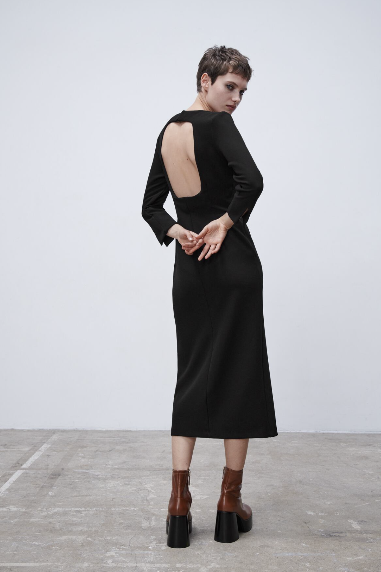 Zara Solid Black Split Square Neck Open Back Midi Dress Size XS Cocktail Fitted