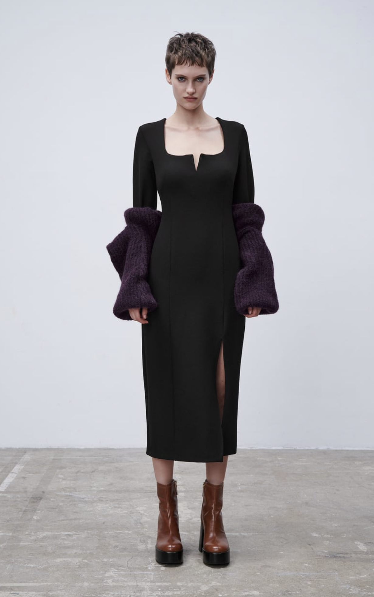 Zara Solid Black Split Square Neck Open Back Midi Dress Size XS Cocktail Fitted