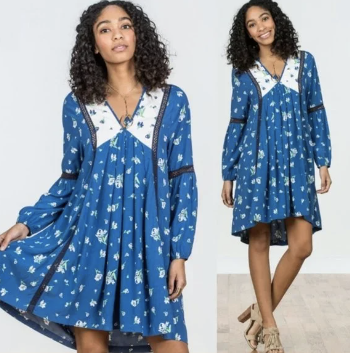 Matilda Jane Day Tripping Blue Floral V Neck Shift Dress Size S Lace Trim Casual