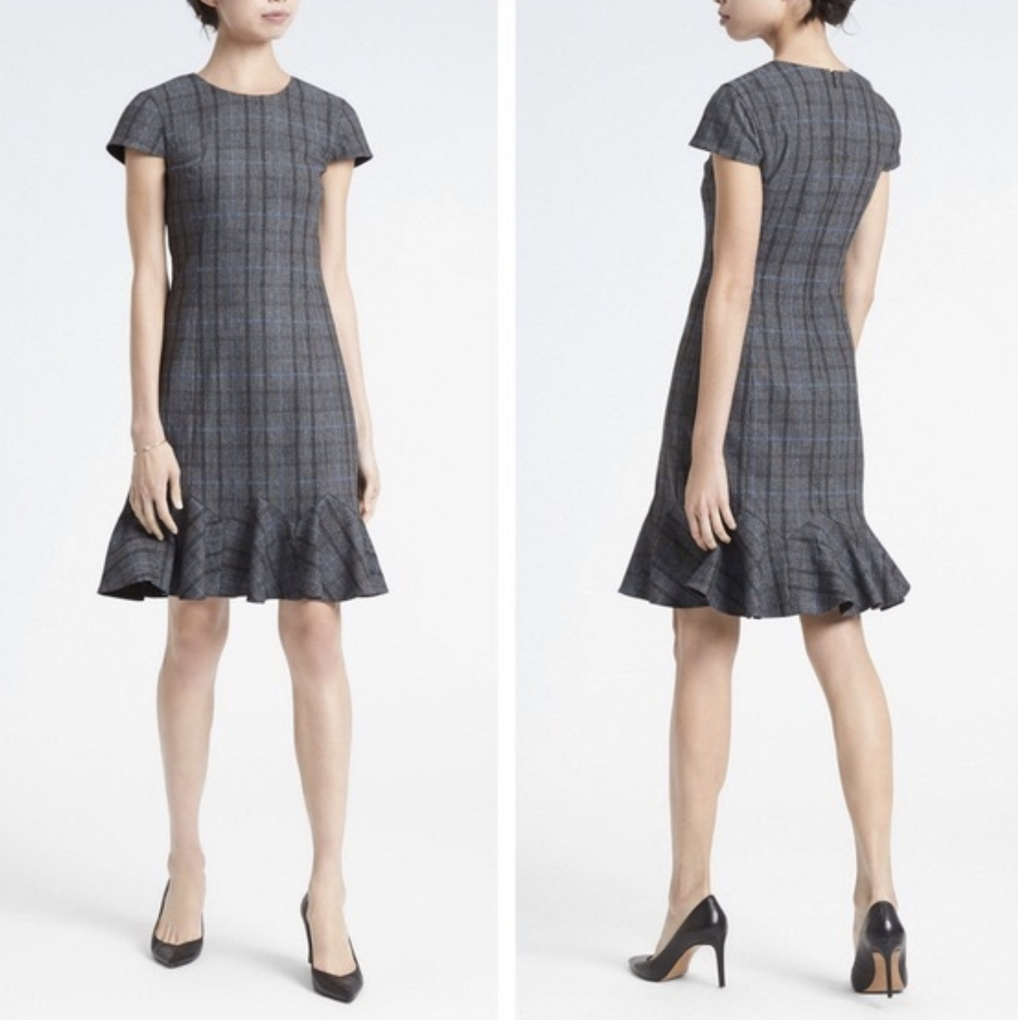 Banana Republic Plaid Godet Flounce Hem Sheath Dress Sz 2 Gray Blue Wool Career