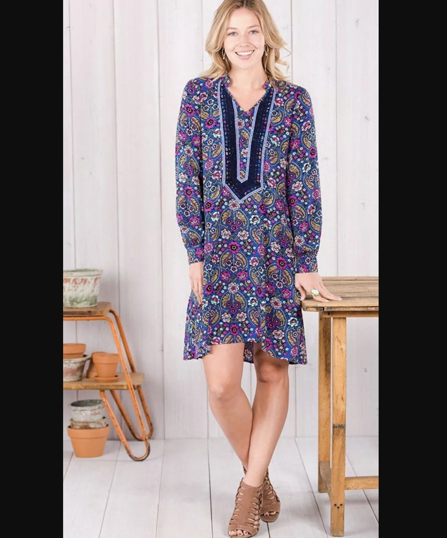 Matilda Jane Thoughts and Dreams Blue Floral Lace Trim Tunic Shift Dress Size S