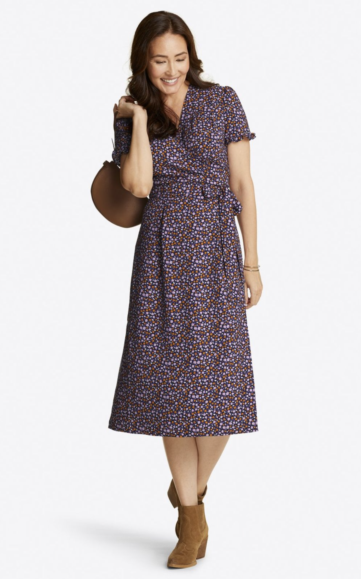 Draper James Miranda Ditsy Floral Print Ruffle Sleeve Midi Wrap Dress sz 4 Navy