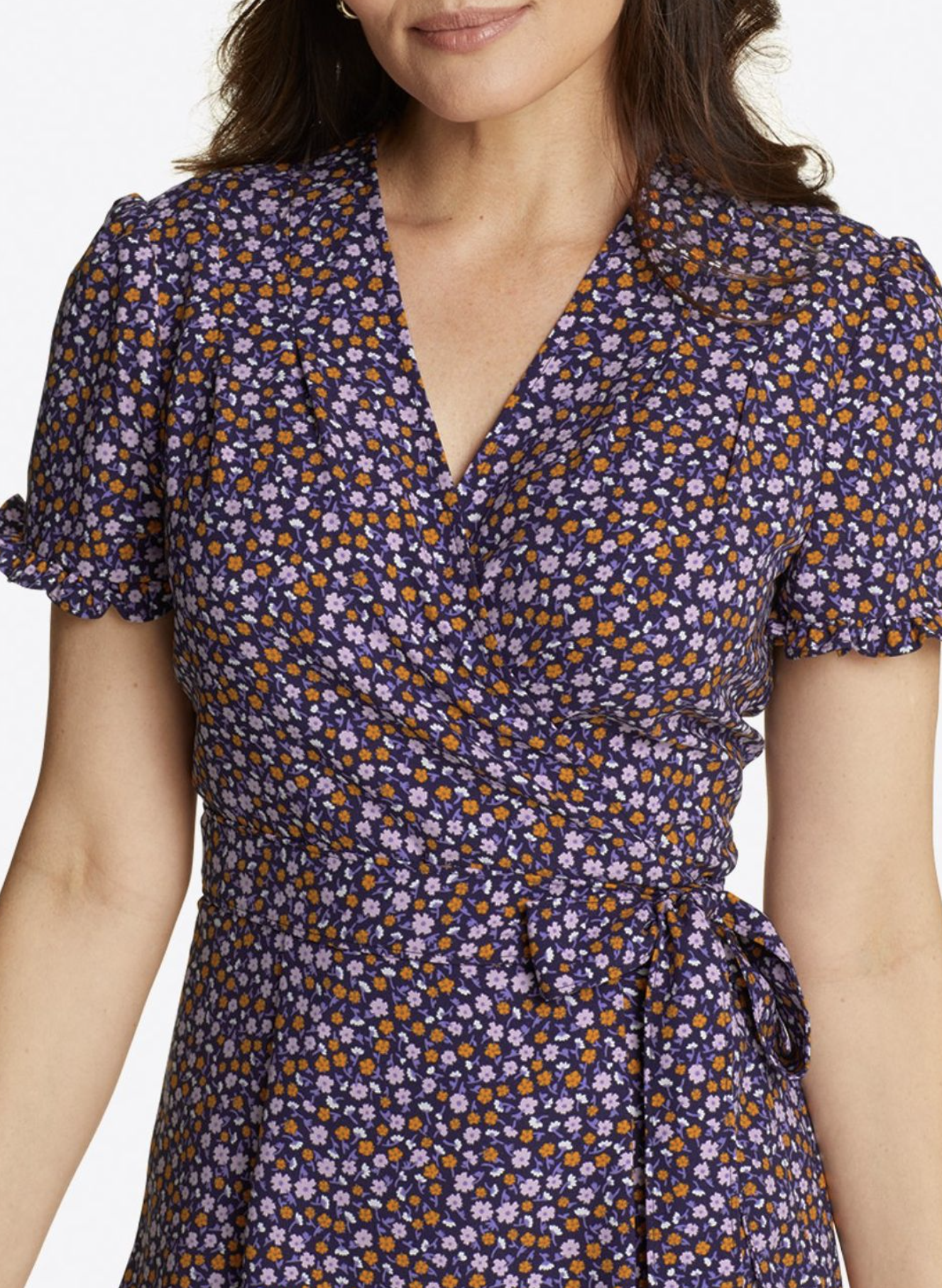 Draper James Miranda Ditsy Floral Print Ruffle Sleeve Midi Wrap Dress sz 4 Navy