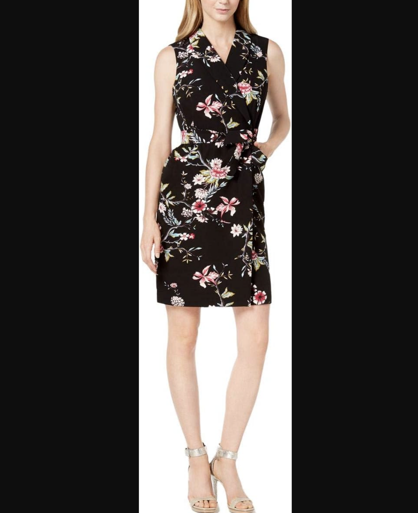 Calvin Klein Black Floral Print Tie Waist Wrap Look Sheath Dress Size 14 Career