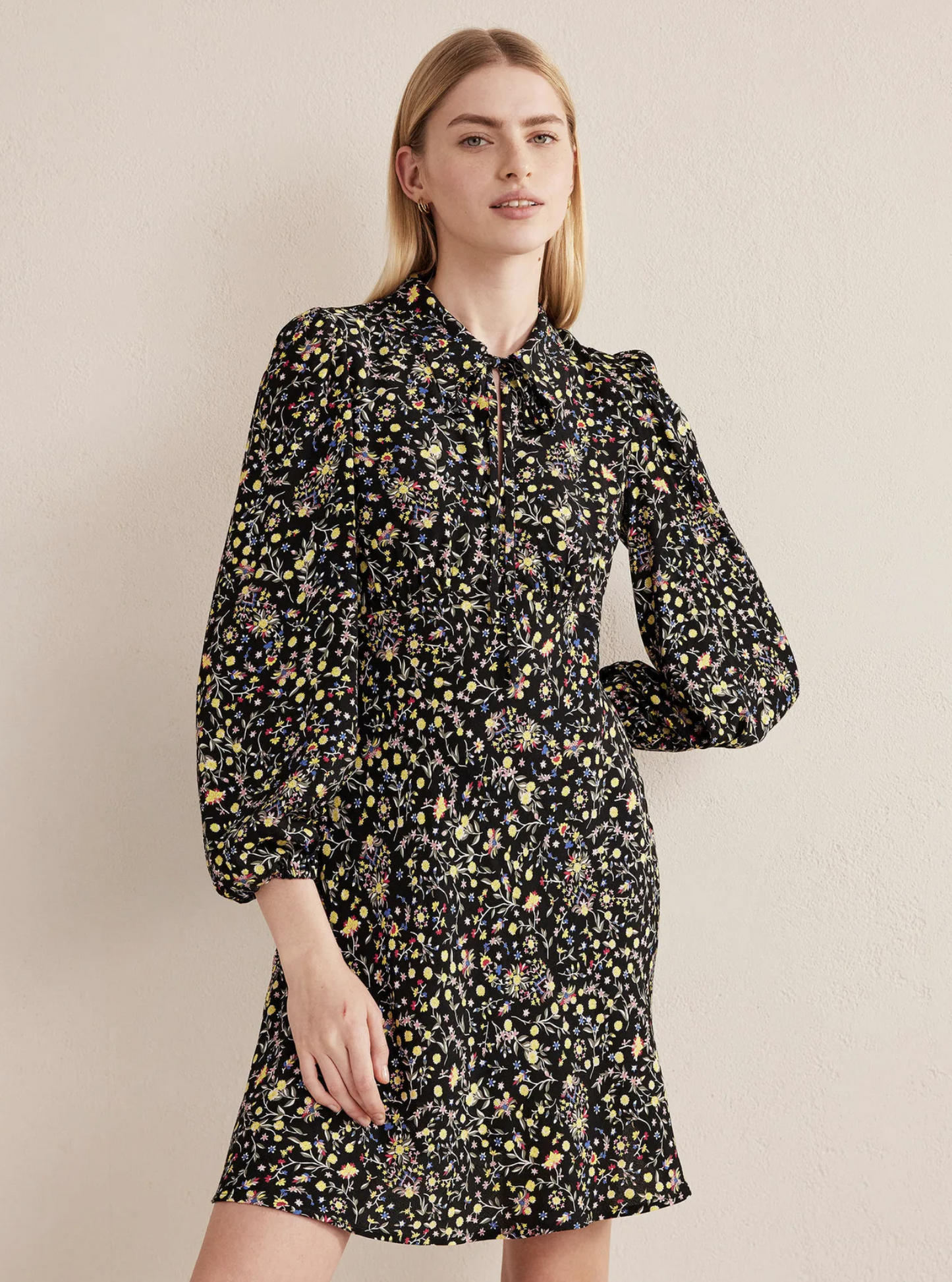Boden Womens Black Wildflower Paisley Floral Tie Neck Shirt Dress Size US 2R 2