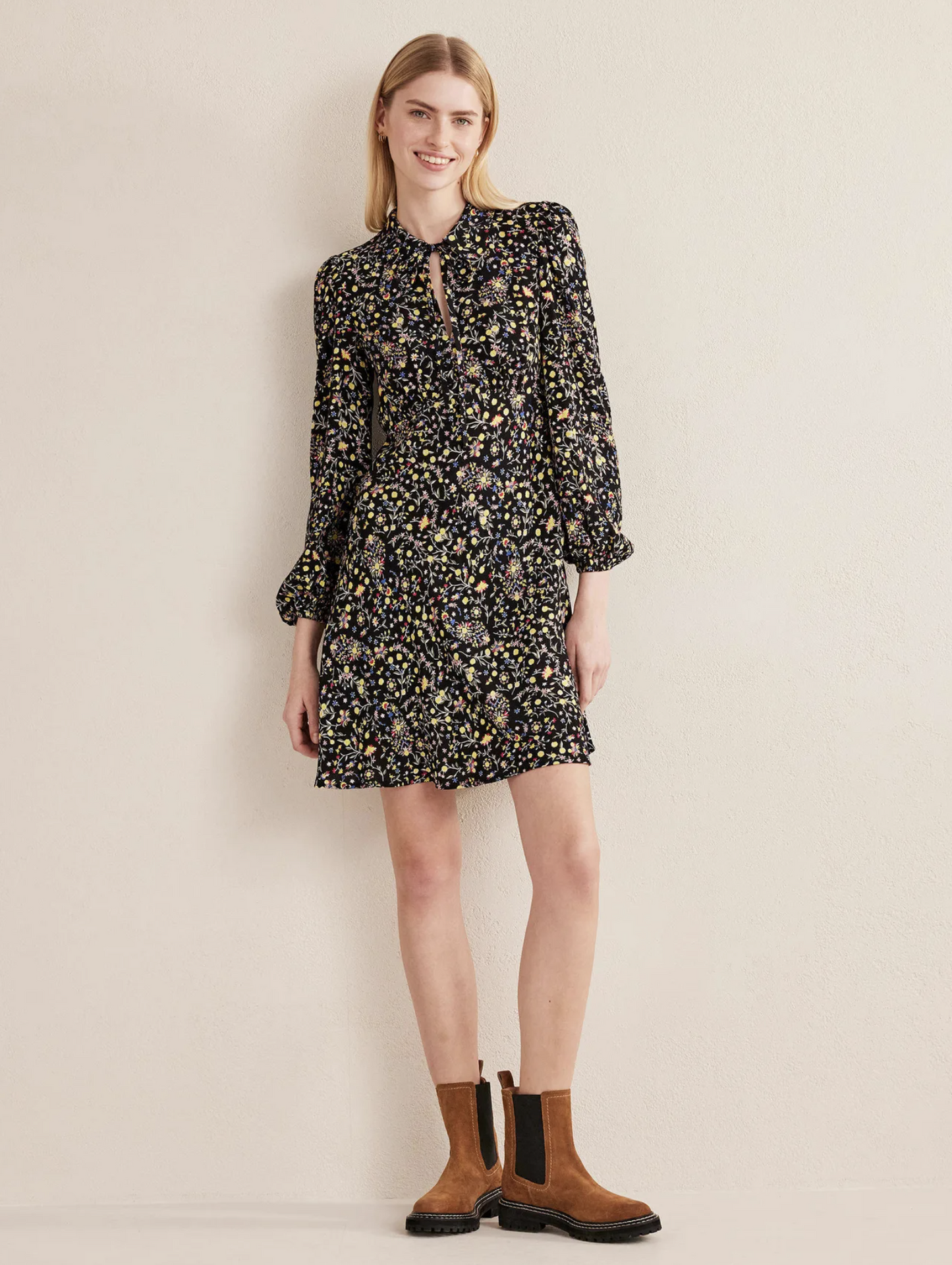 Boden Womens Black Wildflower Paisley Floral Tie Neck Shirt Dress Size US 2R 2