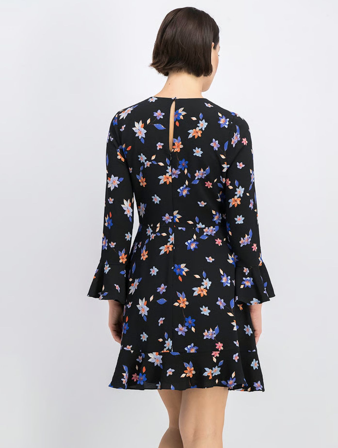 Eliza J Womens Black Blue Floral Print Bell Sleeve Flounce Hem Dress Size 6