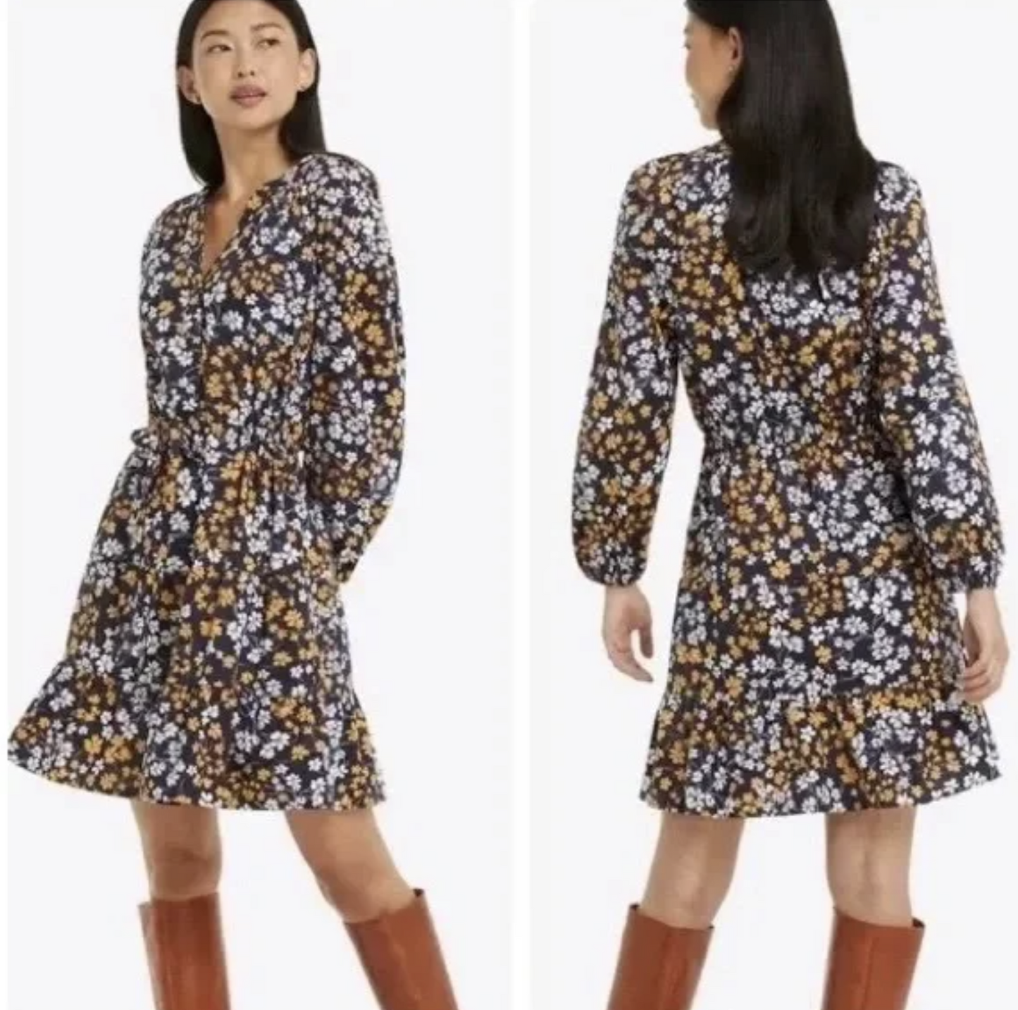 Draper James Lucinda Fall Field Floral Drawstring Waist Popover Dress Sz L Navy