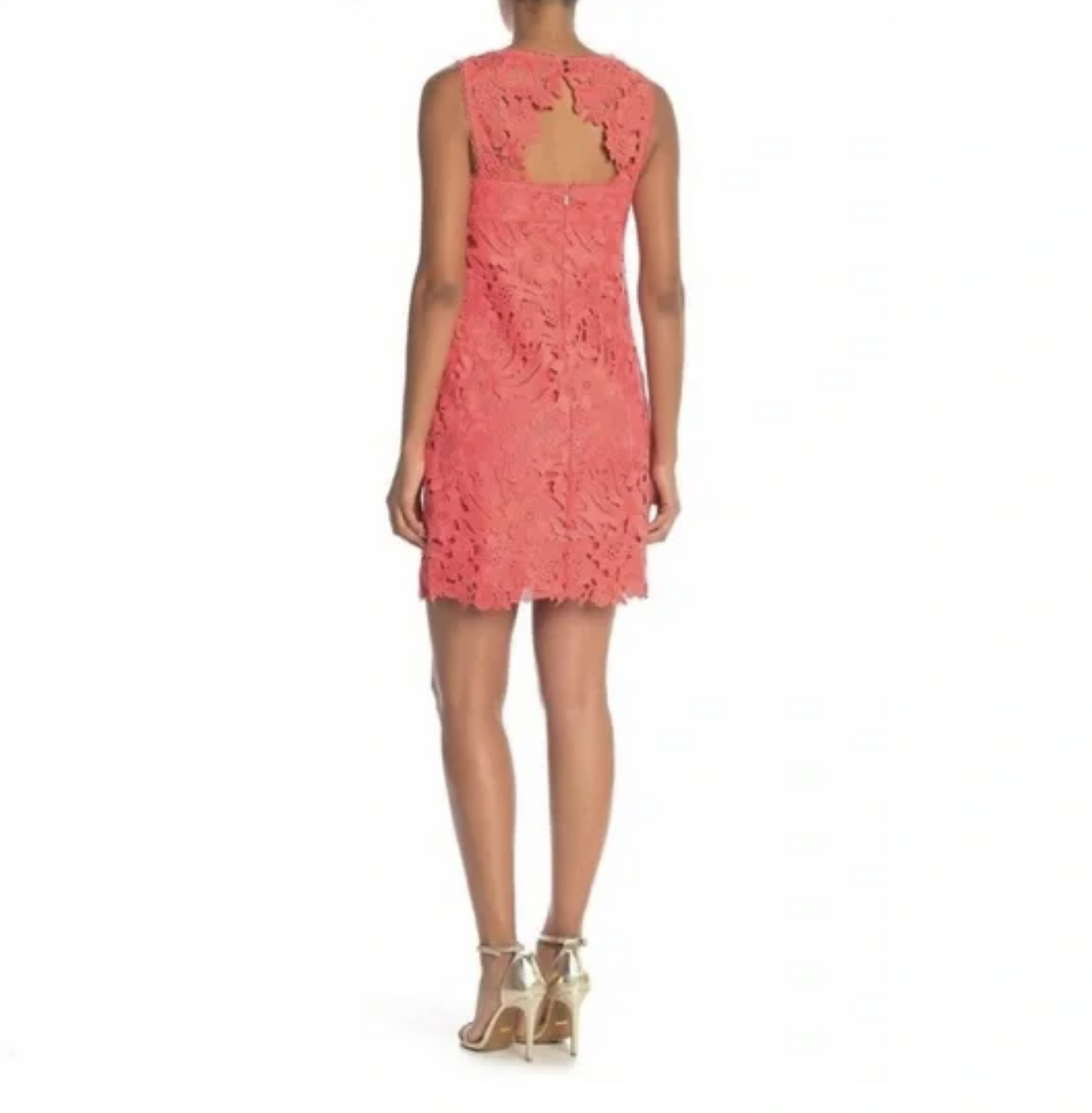 Trina Turk Coral Lily Ornate Floral Lace Sheath Dress Size 8 Keyhole Back V Neck