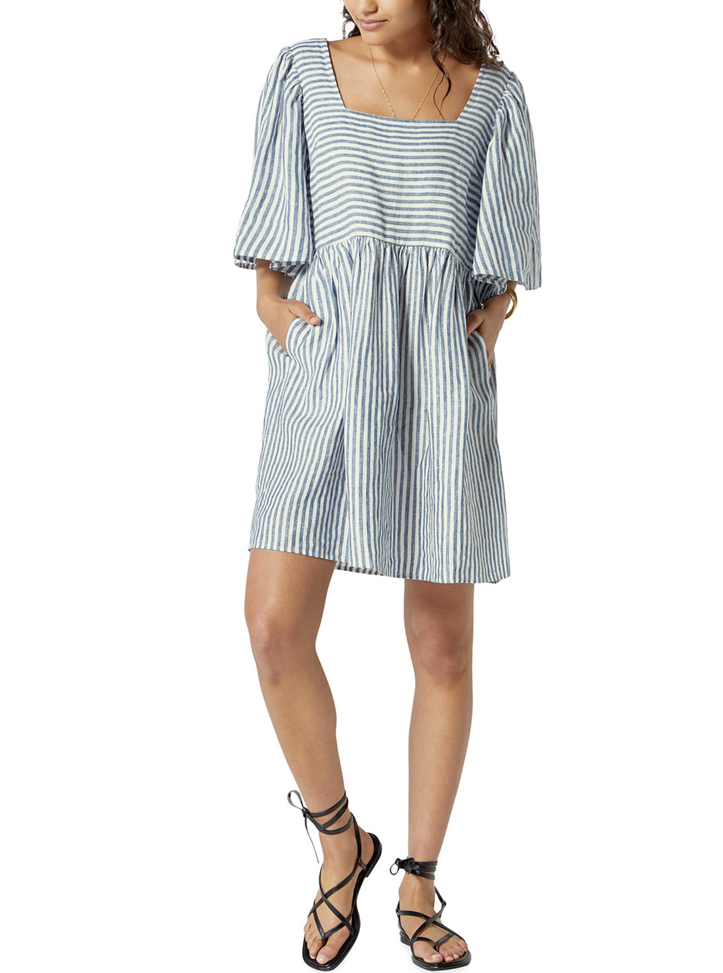 Joie Anjelica Blue White Striped Linen Linen Smock Dress Size XL Square Neck