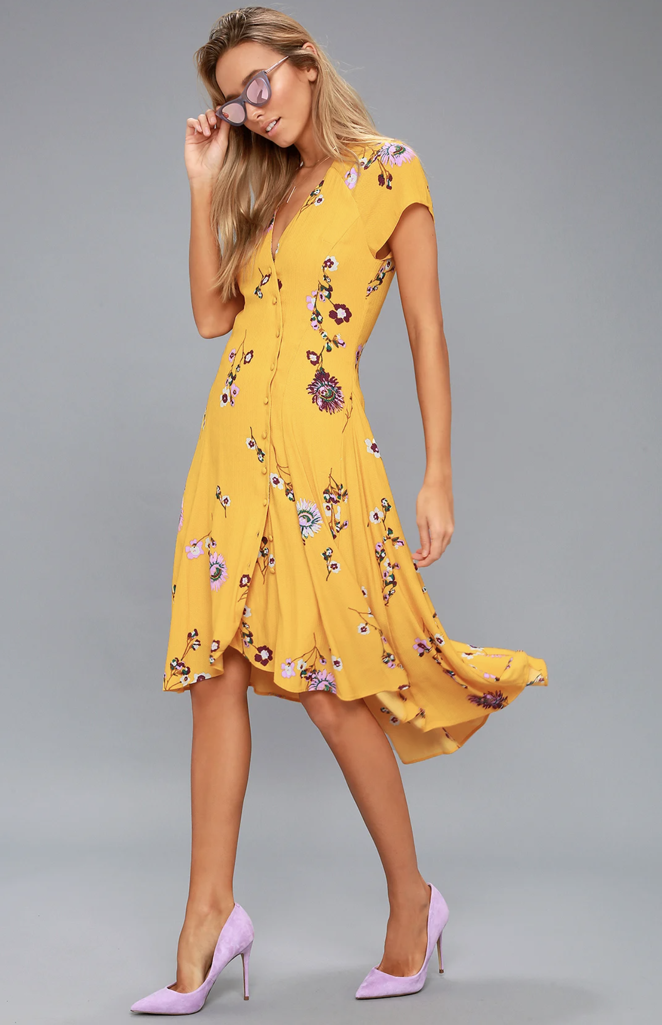 Free People Lost in You Golden Yellow Floral Hi Lo Midi Dress Size M V Neck Boho