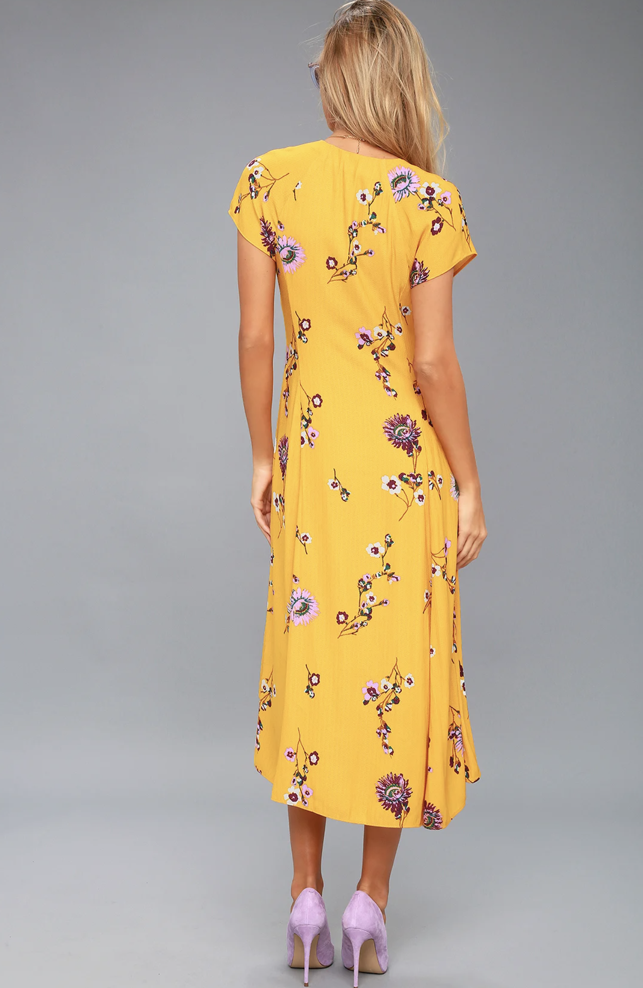 Free People Lost in You Golden Yellow Floral Hi Lo Midi Dress Size M V Neck Boho