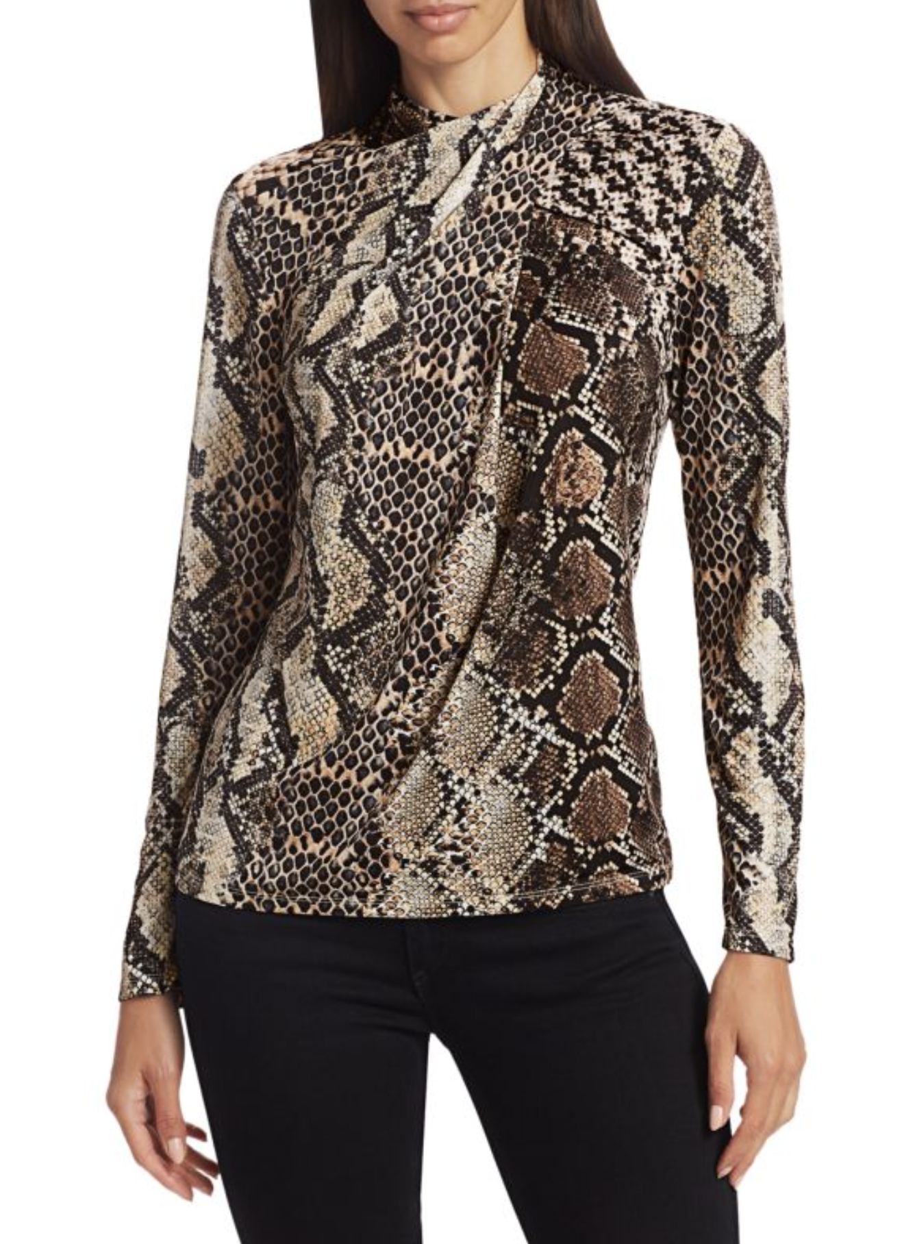 Elie Tahari Snakeskin Print Ruched Faux Wrap Collar Jersey Top Blouse Brown Sz S Long Sleeve