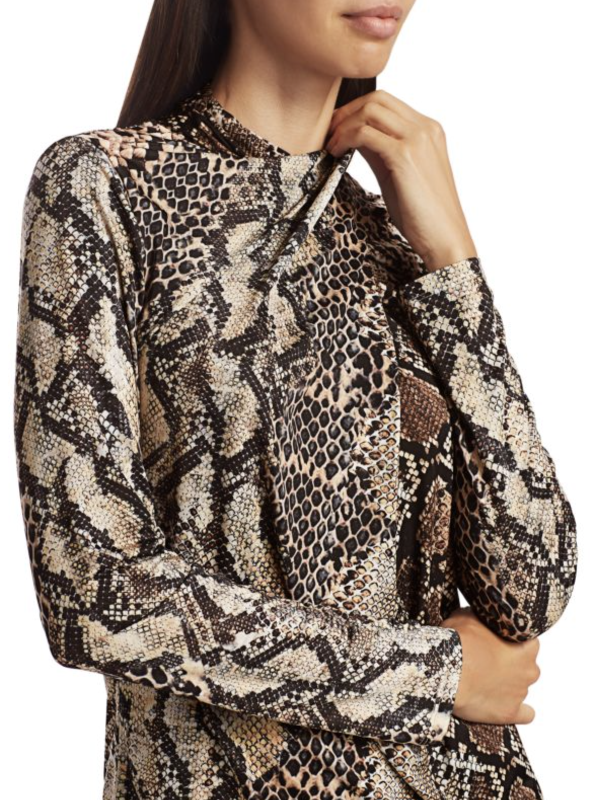 Elie Tahari Snakeskin Print Ruched Faux Wrap Collar Jersey Top Blouse Brown Sz S Long Sleeve