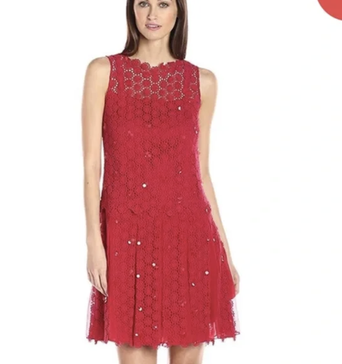 Elie Tahari Womens Red Crochet Lace Floral Sequin Pleated Hem Dress Size 4