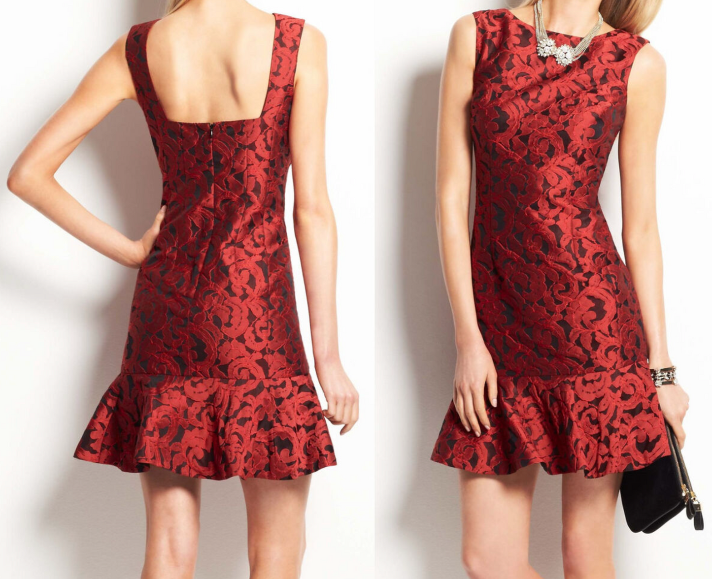 Ann Taylor Red Floral Jaquard Ruffle Flounce Hem Sheath Dress Holiday Party Sz 8