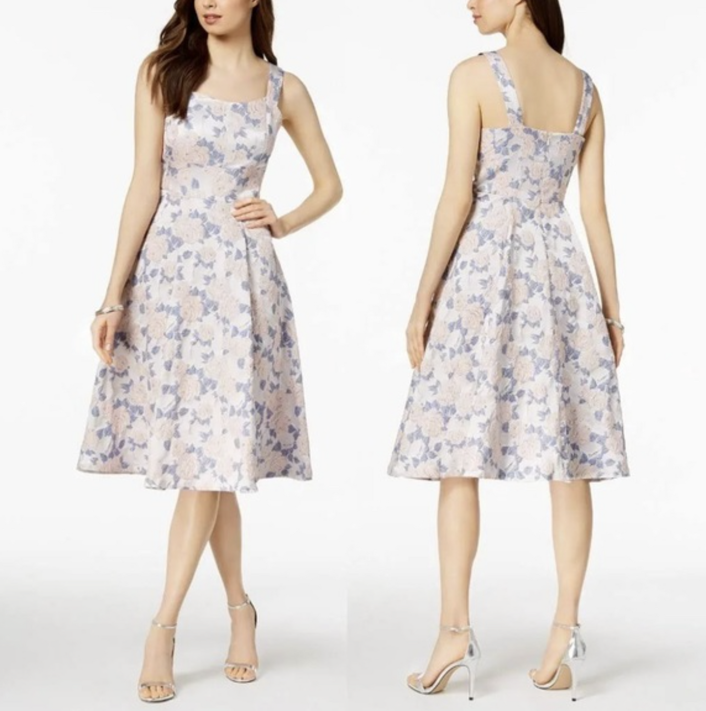 NWT Nanette Lepore Floral Jacquard A Line Fit and Flare Midi Dress 8 Blue Pink