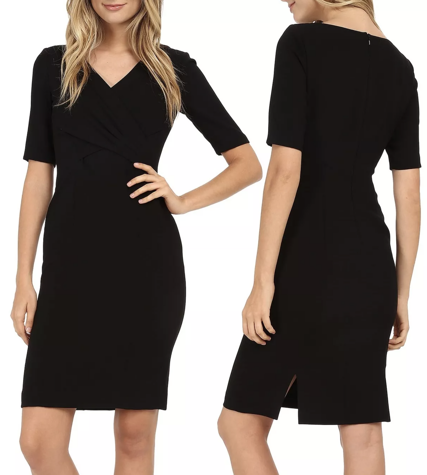 NWT Tahari ASL Levine Solid Black Crossover Bodice V Neck Sheath Dress Career 4