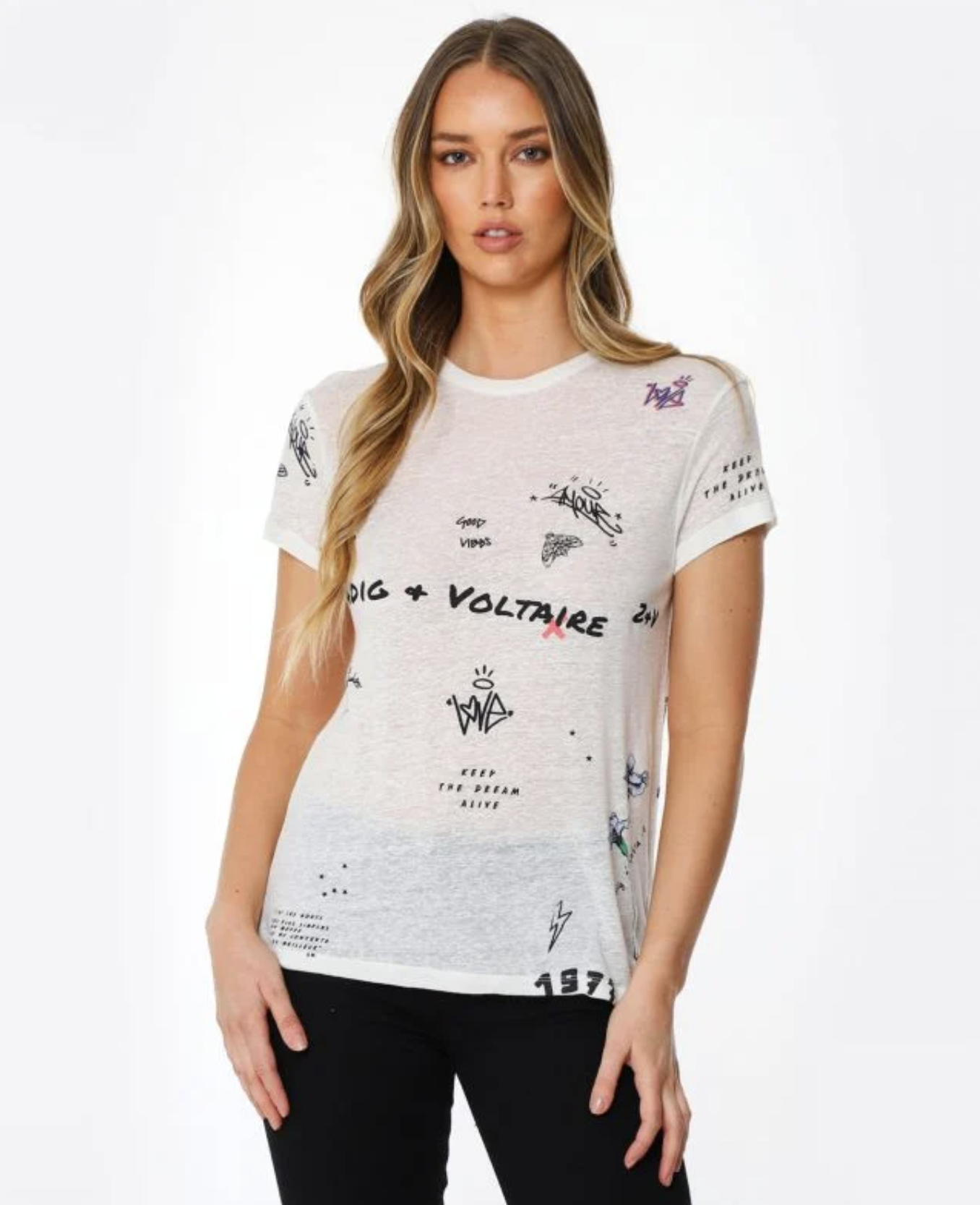 Zadig and Voltaire Zoe Off White Linen Blend Slub Tattoo Print T Shirt Top Sz XS