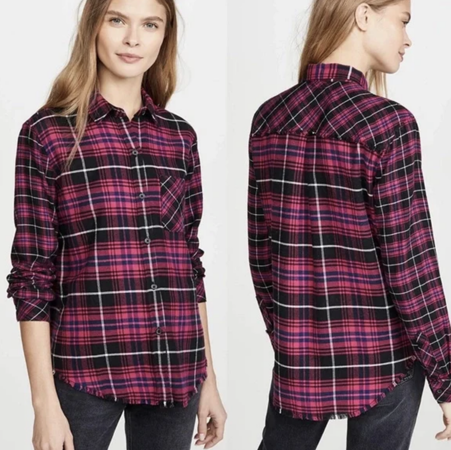 RAILS Brock Pink Plaid Raw Edge Fringe Hem Button Front Shirt Blouse Size XS