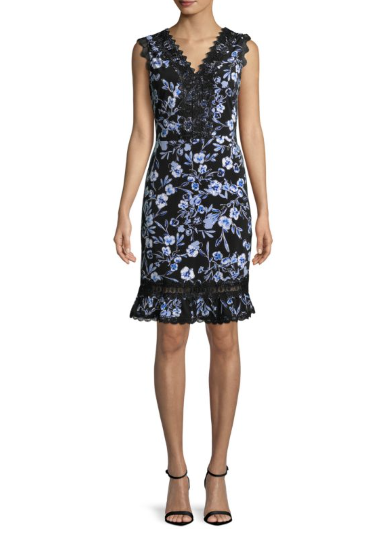 Karl Lagerfeld Black Blue Floral Print Ruffle Flounce Sheath Dress Size 4 Lace