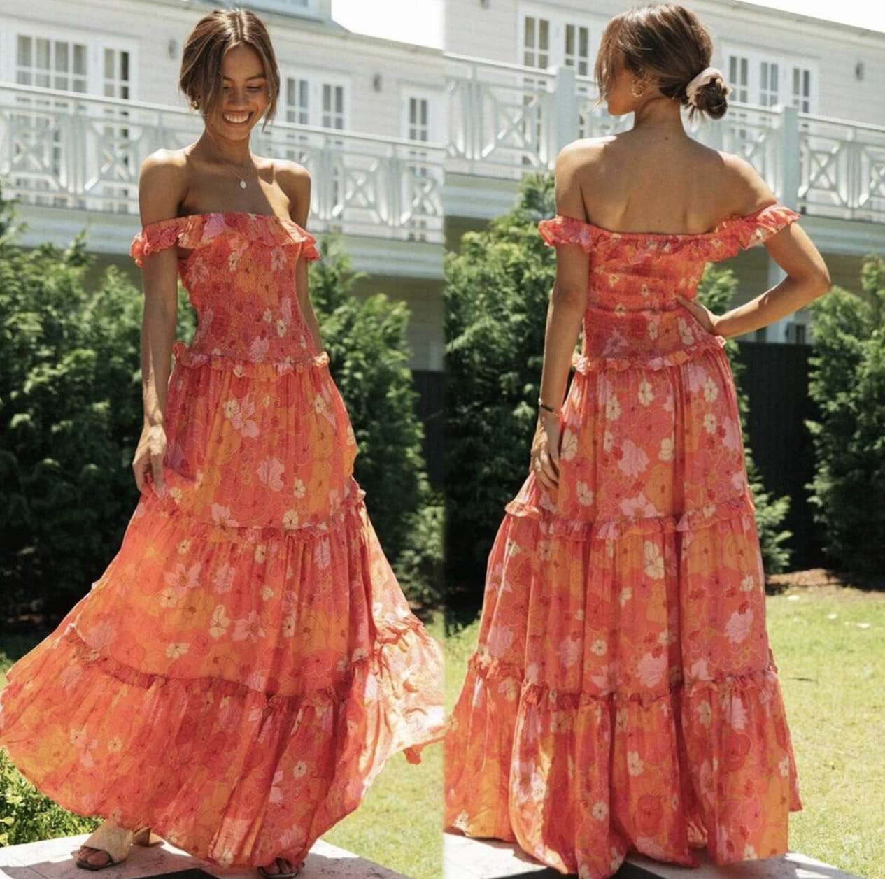 Abel the Label Floral Print Smocked Off / On Shoulder Tiered Maxi Dress Size S