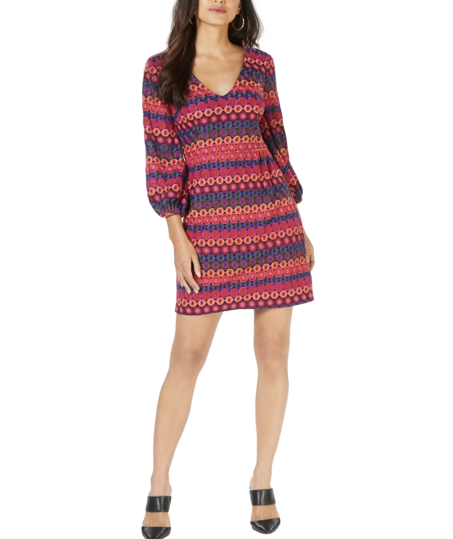 Trina Turk Pink Colorful Embroidered Crochet Look V Neck Sheath Dress Size 4