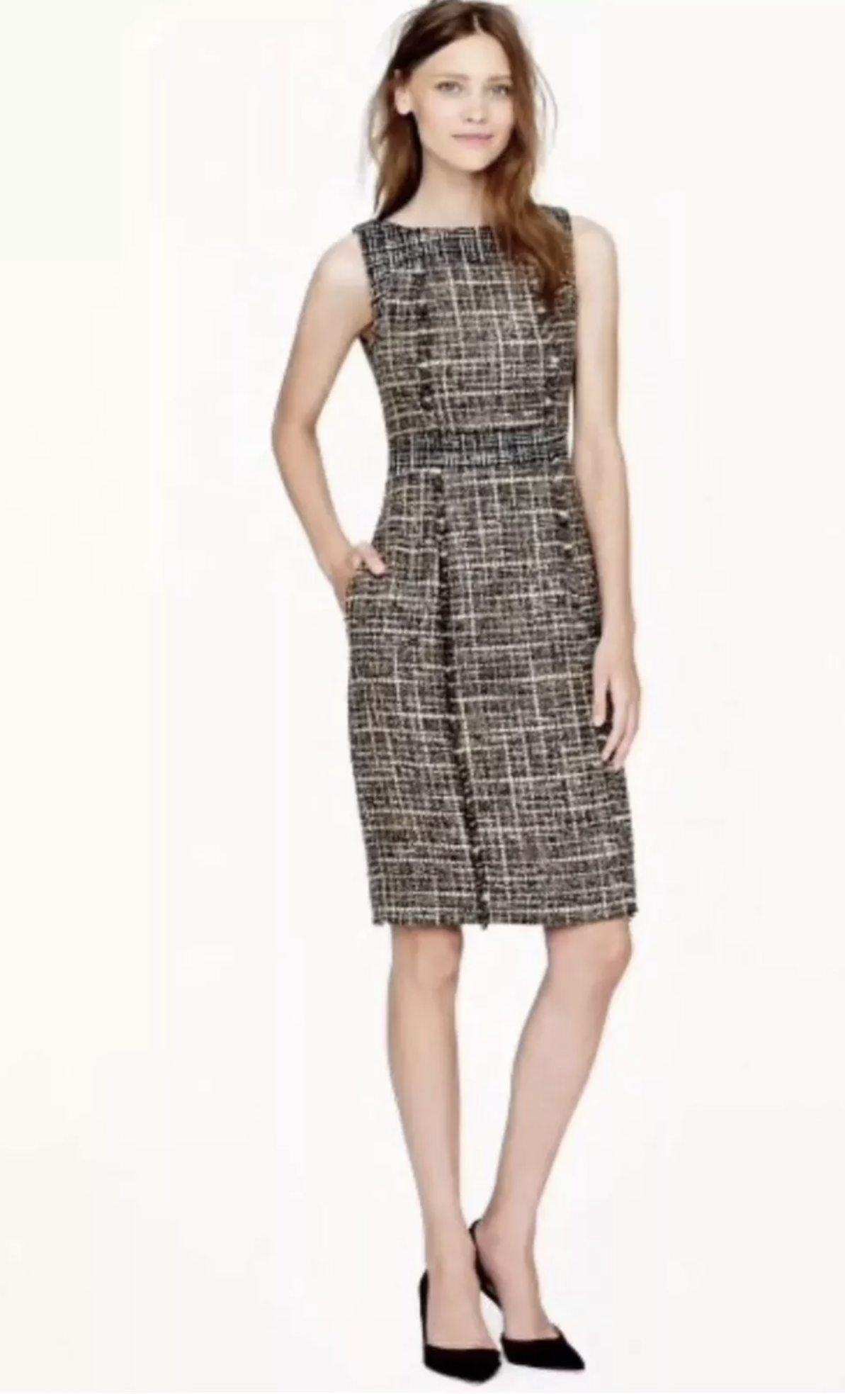 J Crew Pepper Tweed Fringe Sheath Dress Size 8 Career Office Wool Brown Black