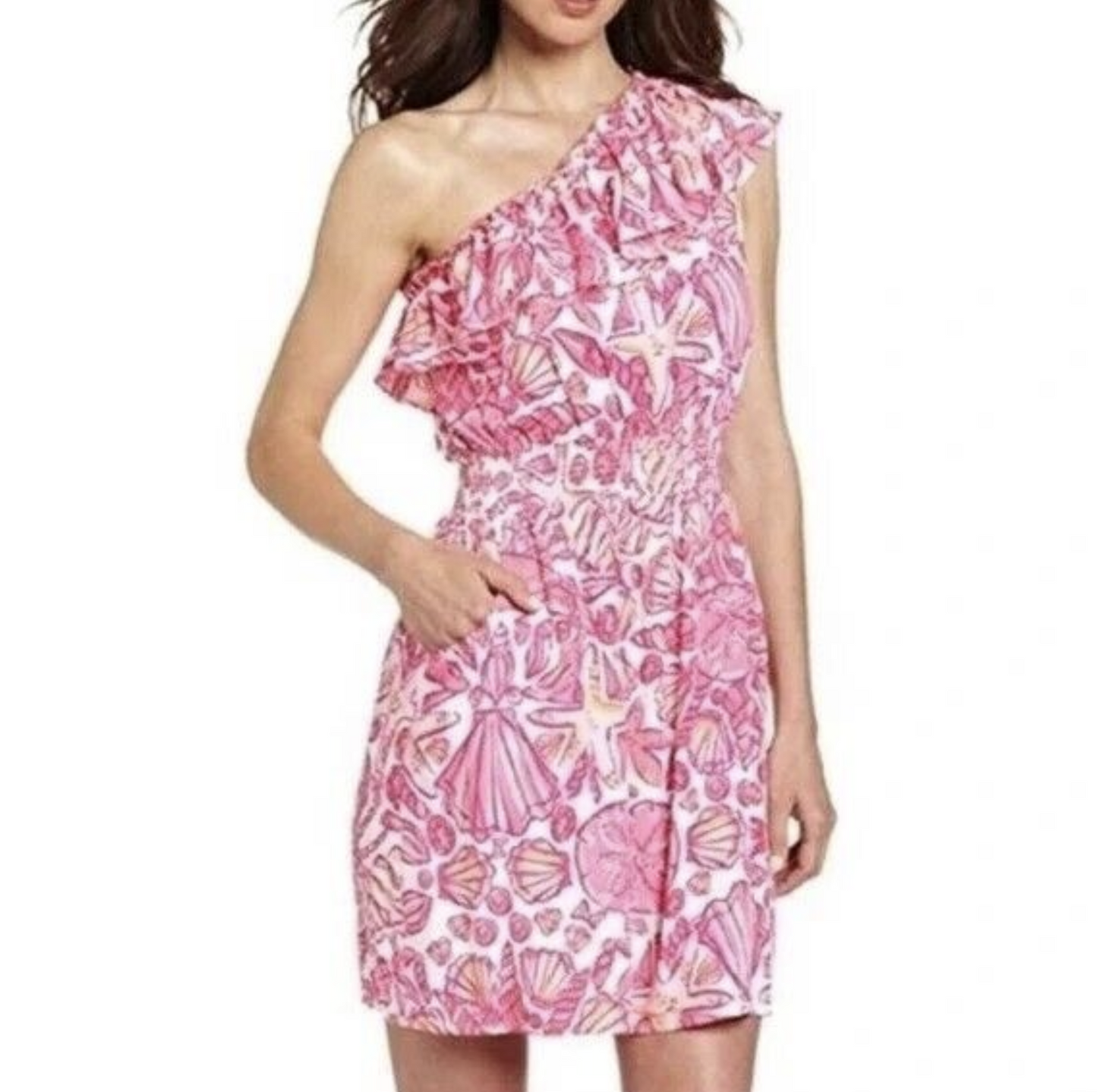 Lilly Pulitzer Jessy Ruffle One Shoulder Sailors Valentine Hotty Pink Dress Sz S