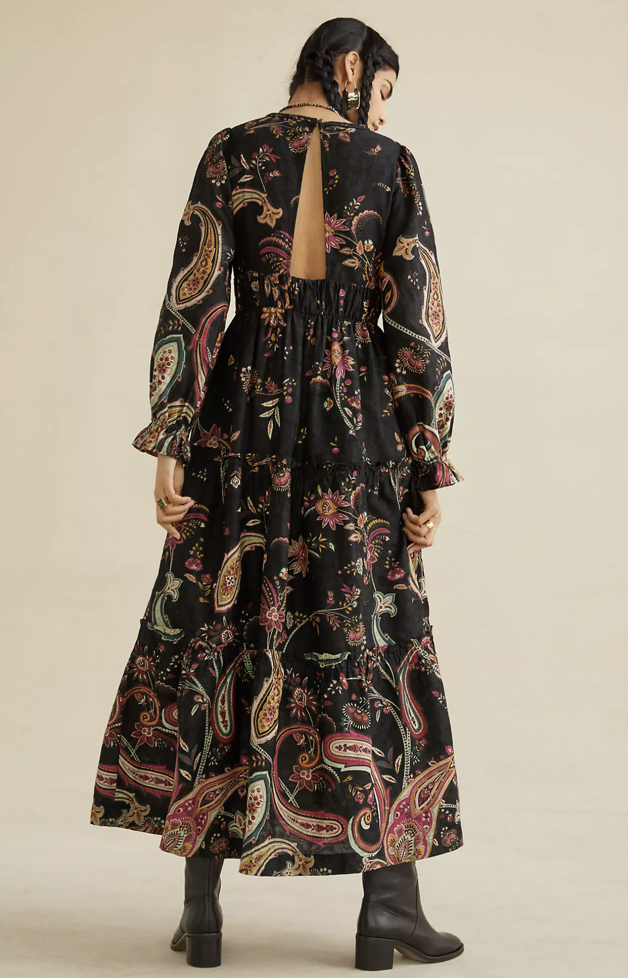 by Anthropologie Black Paisley Print Tiered Maxi Dress Size 6 Open Back Boho