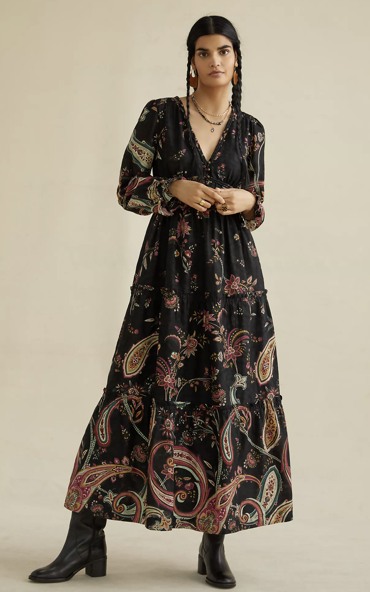 by Anthropologie Black Paisley Print Tiered Maxi Dress Size 6 Open Back Boho