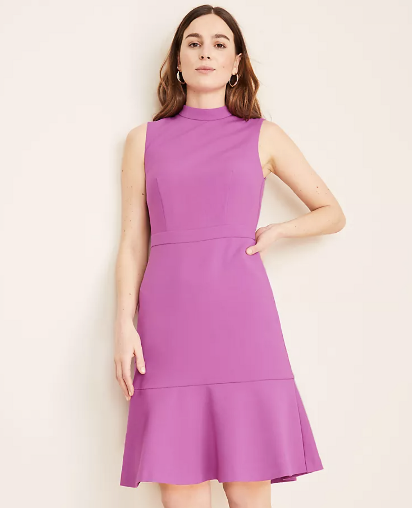 NWT Ann Taylor Doubleweave Mock Neck Flounce Hem Sheath Dress Sz 4 Pink - Purple