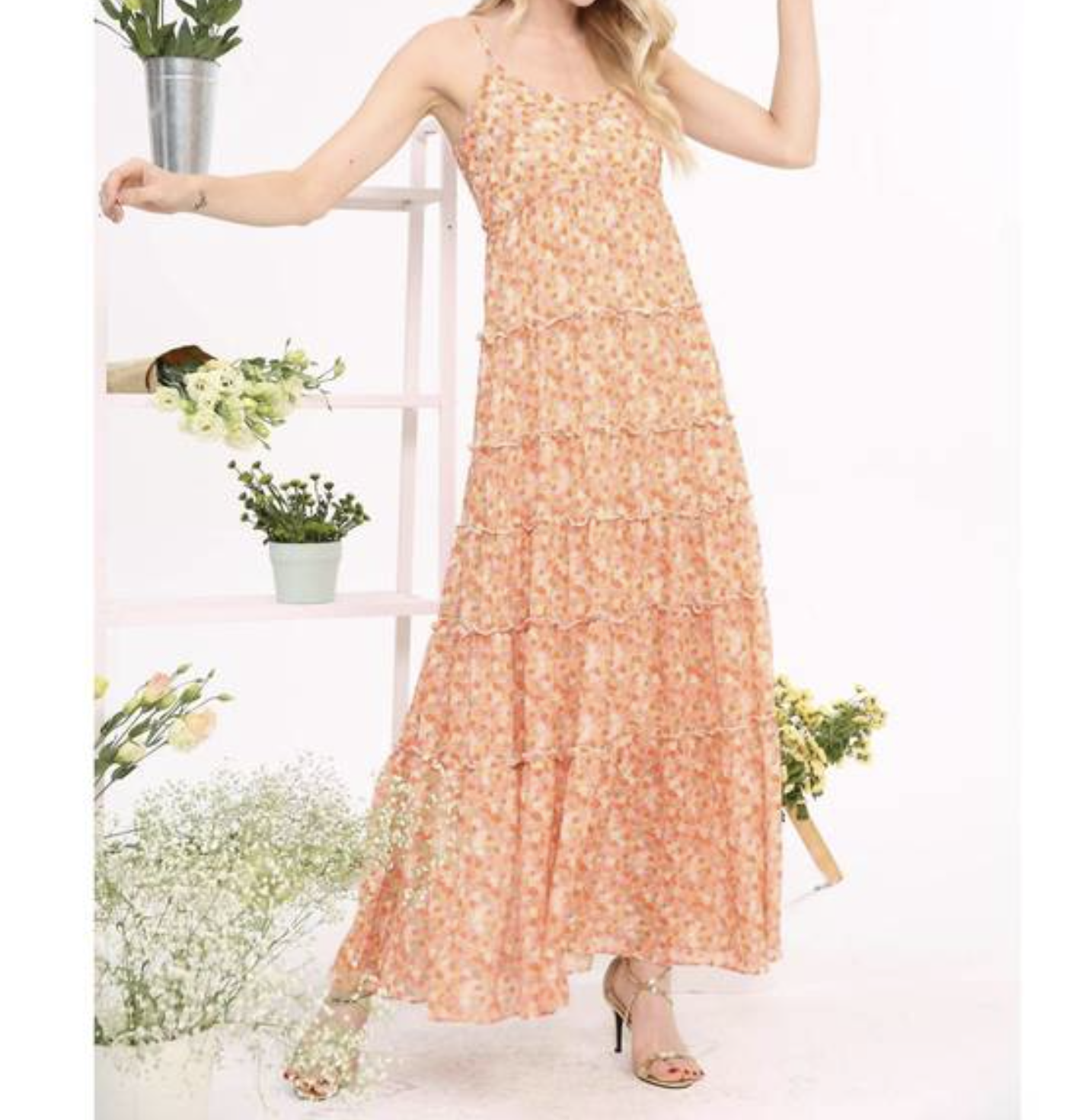 NWT $288 Julie Brown Davie Daisy Floral Ruffle Tiered Maxi Dress Size M Orange