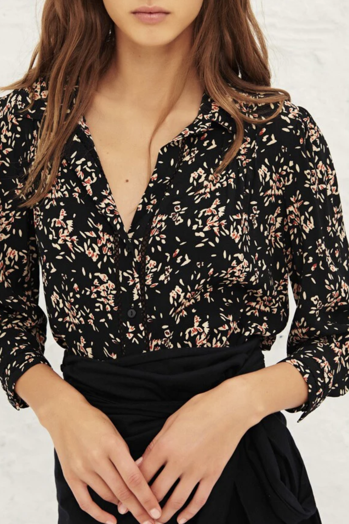 BA&SH Black Venus Print Button Front V Neck Floral Top Blouse Size S Eyelet trim