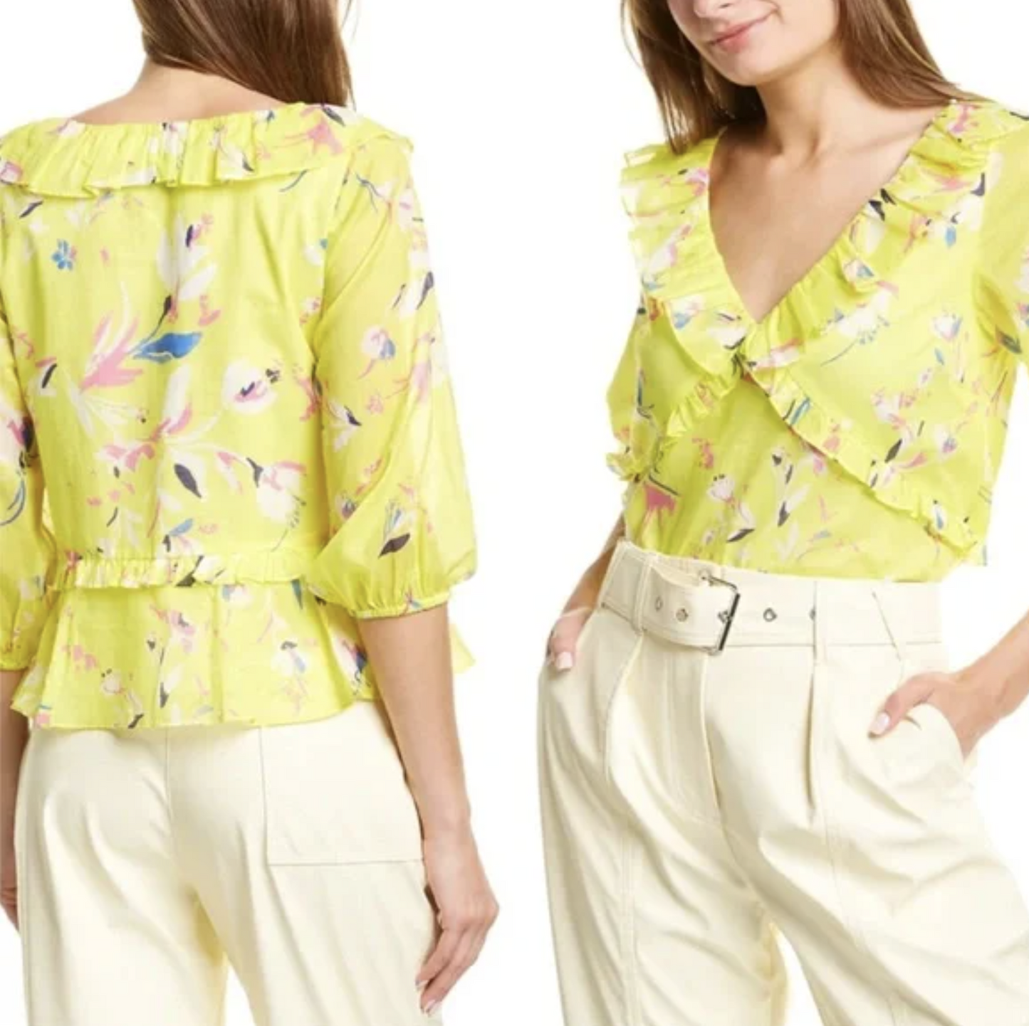 Tanya Taylor Womens Lourdes Bright Floral Print Ruffle V Neck Top Blouse Size 0