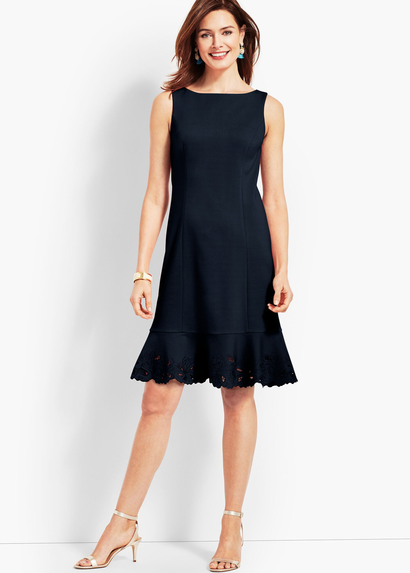 Talbots RSVP Navy Blue Embroidered Cutout Flounce Hem Sheath Dress Size 8P