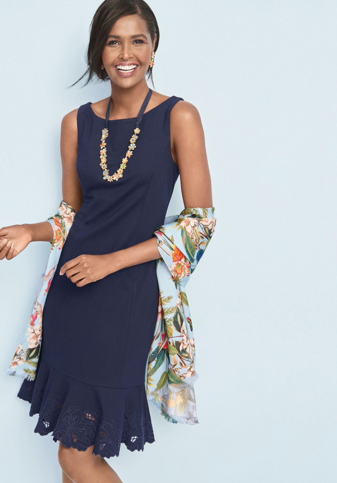 Talbots RSVP Navy Blue Embroidered Cutout Flounce Hem Sheath Dress Size 8P