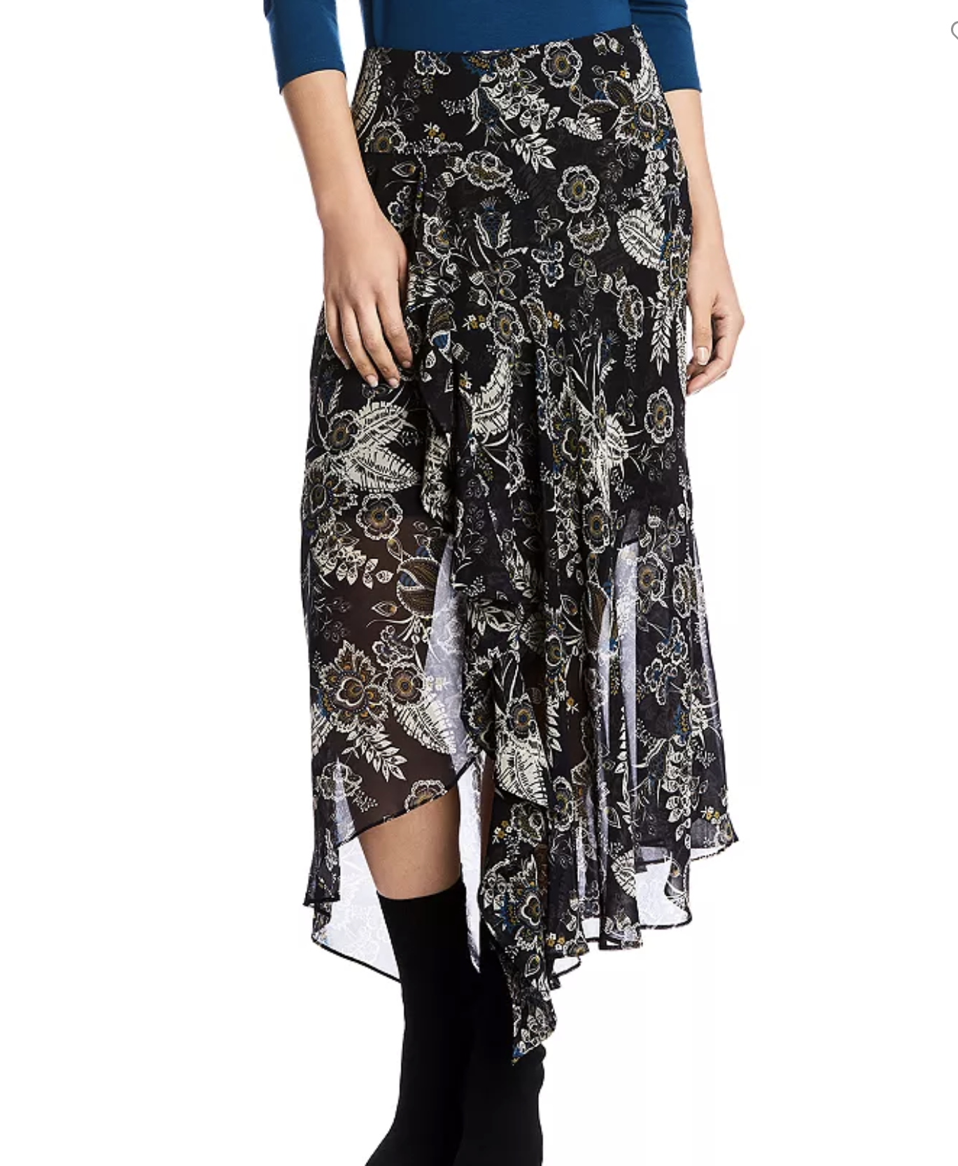 Bailey 44 Josephine Black Floral Print Asymmetric Hem Midi Skirt Size M Boho